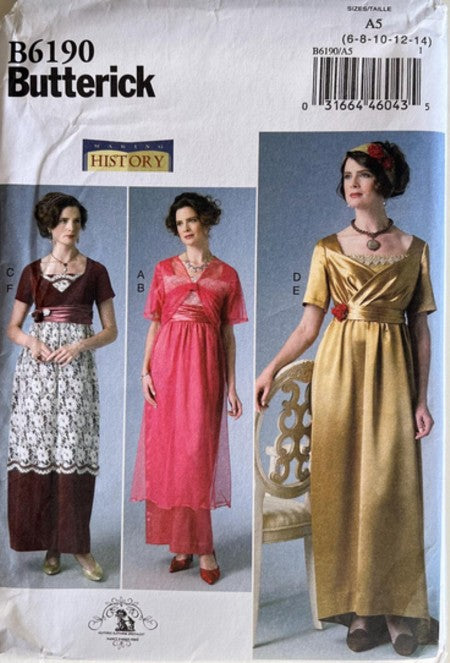 Butterick 6190 Retro 2015 Sewing Pattern Historical Dress, Making History Edwardian Titanic Downton Abbey Regal Dinner Party Formal Dress, Gown Set  & Shrug Jacket Size 6-14