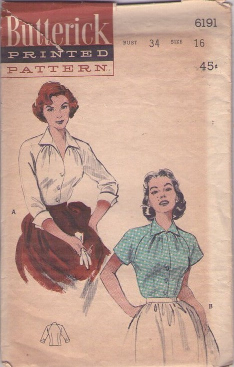 Butterick 6191 Vintage 50's Sewing Pattern Rockabilly Lucy Raglan Sleeve Blouse Set, 2 Styles Size 16