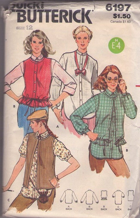 Butterick 6197 Vintage 80's Sewing Pattern Oversized Blouse, Shirt Set, Bow Tie, Vest, Drawstring Peplum or Straight Size 12