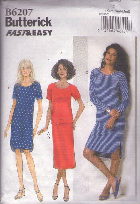 Butterick 6207 Retro 2015 Sewing Pattern Casual Separates, Fast & Easy Comfortable Mix & Match Tshirt Style Top, Shirt, Shaped Hem Pullover Dress, Skirt Size XS-M