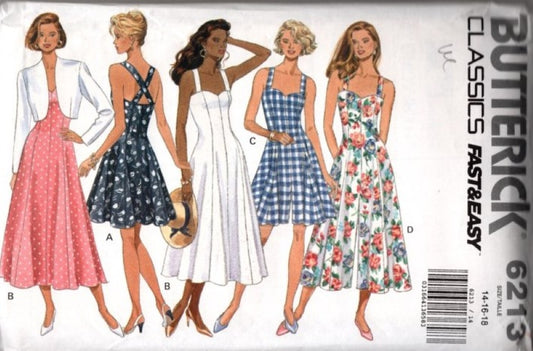 Butterick 6213 Vintage 90's Sewing Pattern Fast & Easy Classics Sun Dress, Split Skirt Culottes Jumpsuit, Cropped Jacket Size 14-18