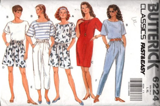 Butterick 6224 Vintage 90's Sewing Pattern Fast & Easy Classics Separates, Top, Dress, Shorts, Pants, Capri Size L-XL