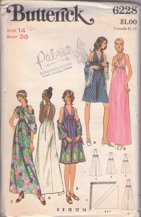 Butterick 6228 Vintage 70's Sewing Pattern Disco Summer Halter Dress, Empire Waist, Shawl Size 14