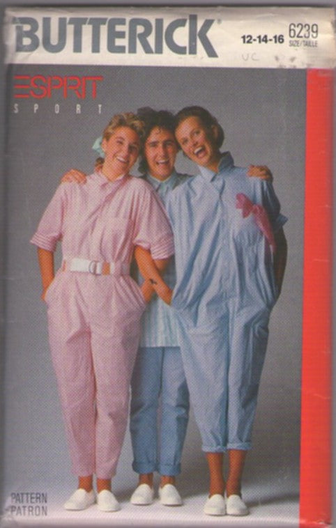 Butterick 6239 Vintage 80's Sewing Pattern Esprit Sport Jumpsuit, Baggy New Wave Looks Size 12-16