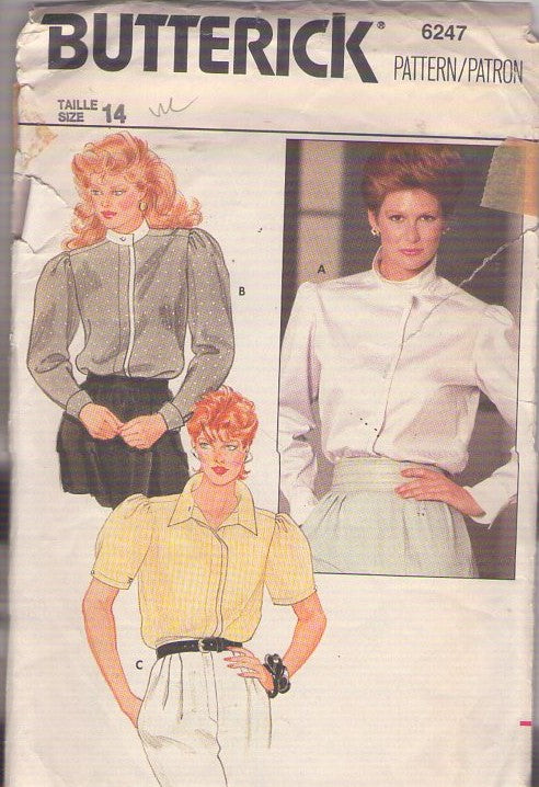 Butterick 6247 Vintage 80's Sewing Pattern Secretary Blouse Set, Hidden Front Button Band, Collar & Sleeve Choice, 3 Styles Size 14