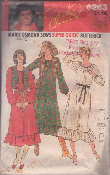 Butterick 6263 Vintage 70's Sewing Pattern Peasant Dress, Pullover Prairie Style, Reversible Vest Jacket, Marie Osmond Sews Size 14-16