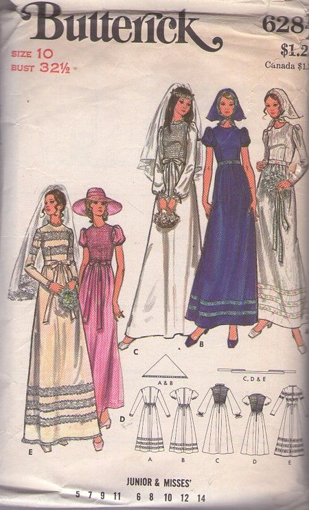 Butterick 6284 Vintage 70's Sewing Pattern Mod Wedding Dress Set, Lace Bands or Shirred Bridal Gown, Formal Bridesmaid or Prom, Triangle Kerchief Veil, 5 Styles Size 10