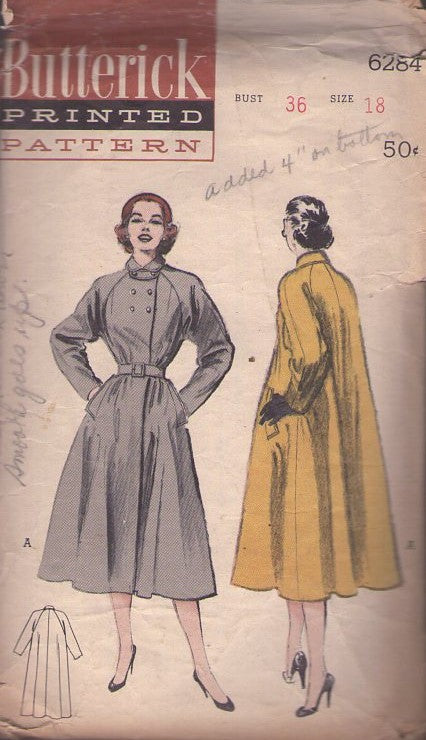 Butterick 6284 Vintage 50's Sewing Pattern Tent Coat, Double Breasted, New Look Flared Overcoat, Jacket Set, Raglan Sleeves, Collar, Buttons, Pockets Size 18