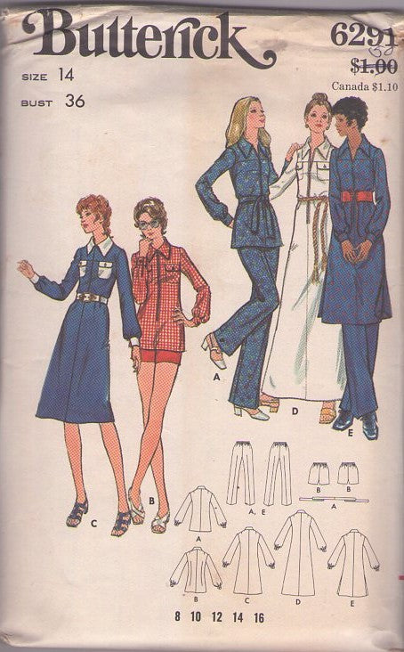Butterick 6291 Vintage 70's Sewing Pattern Everyday Separates, Contrast Pockets, Front Zipper Shirt, Step In Dress, Long Tunic Top, Maxi Gown, Shorts, Pants SO MUCH TO SEW Size 14