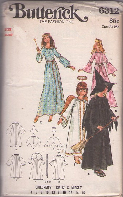 Butterick 6312 Vintage 70's Sewing Pattern Girl's Fairy Costumes, Juliet Bell Sleeve Fairy Princess, Renaissance Queen, Angel, Witch Dress, Hat, Halo, Wings Girl's Size 10