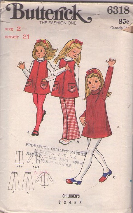 Butterick 6318 Vintage 70's Sewing Pattern Girls' Separates, Toddler A-Line Jumper, Turtle Neck Dress, Smock Top & Pants Size 2