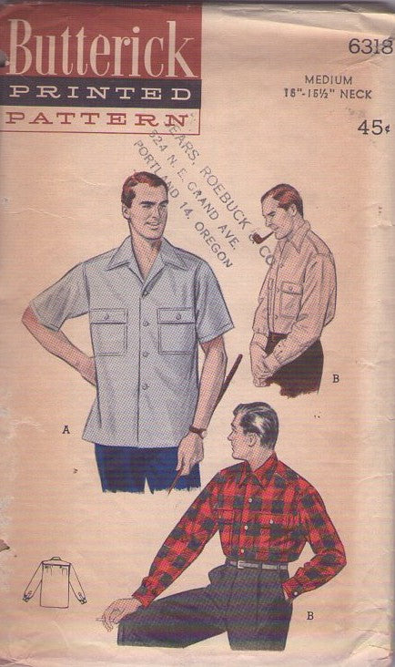 Butterick 6318 Vintage 50's Sewing Pattern Men's Sports Shirt, Pockets, Flannel, 2 Styles Size M