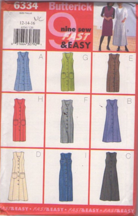 Butterick 6334 Retro 90's Sewing Pattern Nine Made Easy Jumper, Dress Set, Slim or Flared Styles Size 12-16