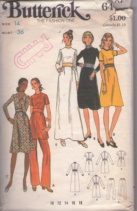 Butterick 6409 Vintage 70's Sewing Pattern Party Separates, Accentuated Sparkle Waist, Princess Seam Evening Gown, Secretary Tunic Top & Pants Pantsuit, Dress Size 14