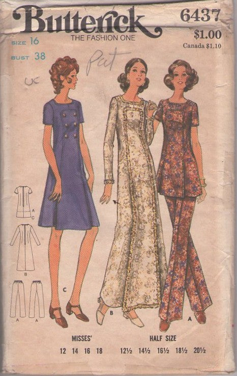 Butterick 6437 Vintage 70's Sewing Pattern Boho Wedding Gown, Panel Front Hostess Tunic Top Blouse, Pants, Dress Size 16
