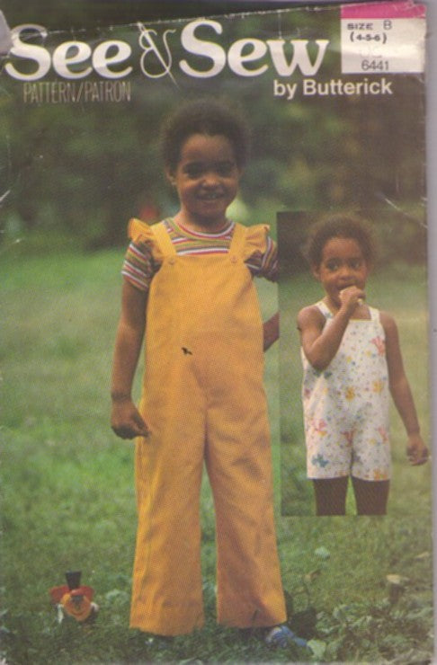 Butterick 6441 Vintage 80's Sewing Pattern Kids' Overalls, Easy See & Sew, Ruffled Shoulder Straps, Button On Romper, Sunsuit, Jumpsuit, Overalls Size 4-6