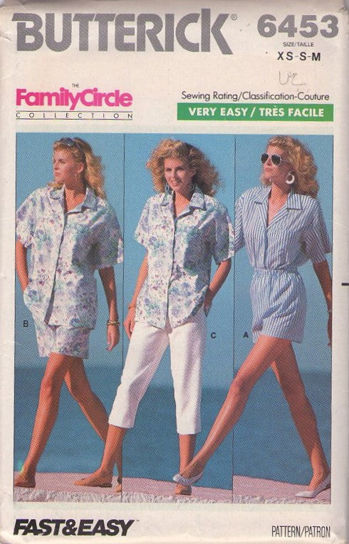 Butterick 6453 Vintage 80's Sewing Pattern Easy Summer Separates, Family Circle Collection, Blouse, Shorts, Capri Pants Easy to Sew Size XS-M