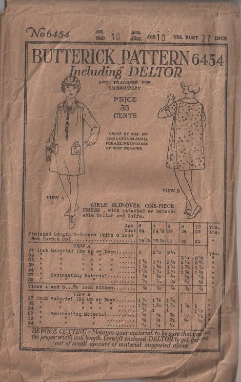 Butterick 6454 Vintage 20's Sewing Pattern Girls' Flapper Dress, Deltor Slip On Shirt Dress, Smock with Collar, Embroidery Transfer, Pockets Size 10 Yrs
