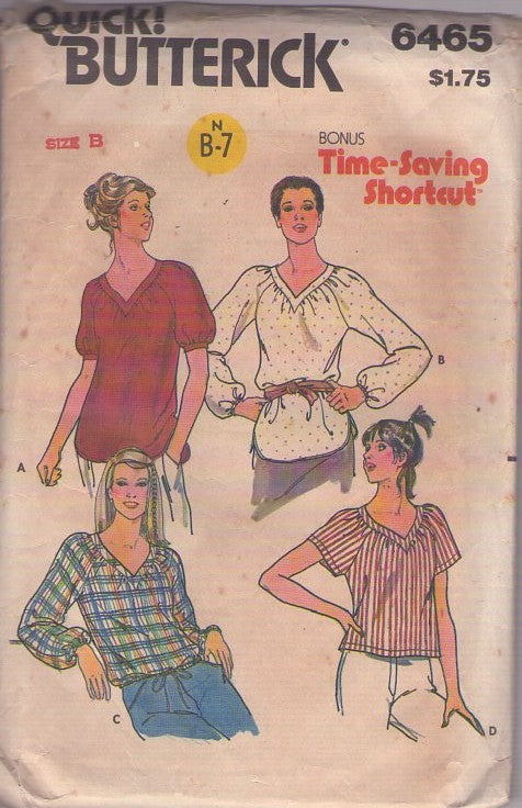 Butterick 6465 Vintage 80's Sewing Pattern Easy Pullover Tops, V Neck Shirt Set, 4 Styles Size S-L
