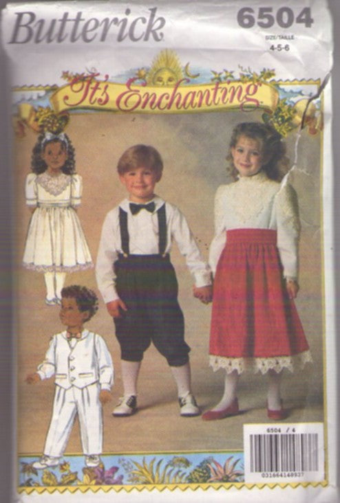 Butterick 6504 Vintage 90's Sewing Pattern Childs' Separates, It's Enchanting, Fancy Modest Cottagecore Victorian Lace Applique Party Blouse, Shirt, Vest, Trousers, Suspender Knickers Pants Size 4-6