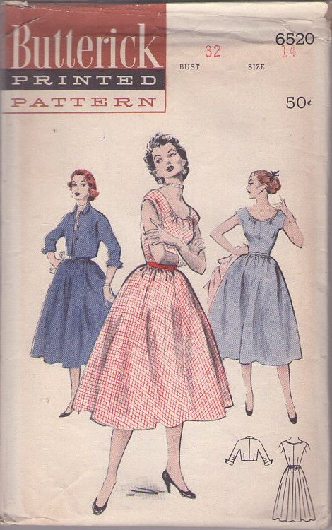 Butterick 6520 Vintage 50's Sewing Pattern Rockabilly Dress, Lucy, Scoop Neck Full Skirt Party Dress, Cropped Jacket with French Cuffs Size 14