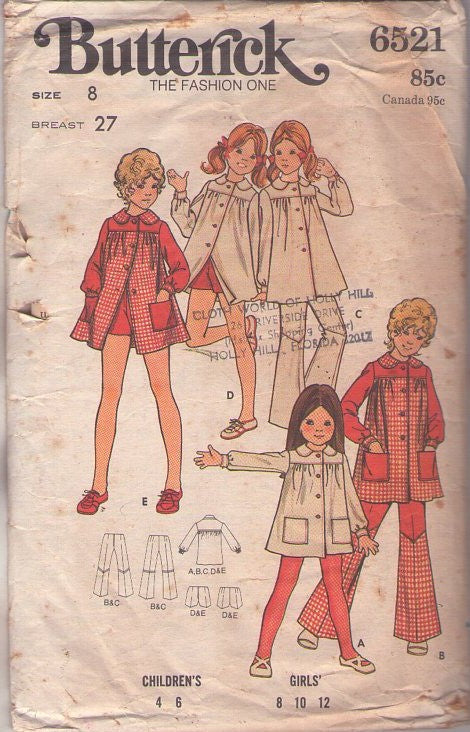 Butterick 6521 Vintage 70's Sewing Pattern Girls' School Separates, 2 Tone Flared Pants, Shorts, Front Buttoned Smock Top Blouse Size 8