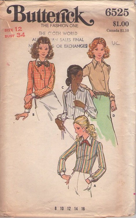 Butterick 6525 Vintage 70's Sewing Pattern Casual Shirts, Front Buttoned Collared Blouse Set 4 Styles Size 12