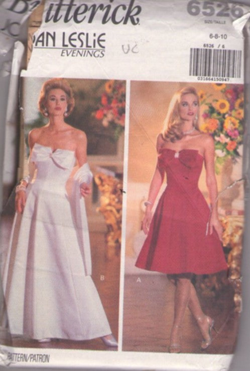 Butterick 6526 Vintage 90's Sewing Pattern Designer Bridal Gown, Joan Leslie Evenings Strapless Cocktail Dress Size 6-10