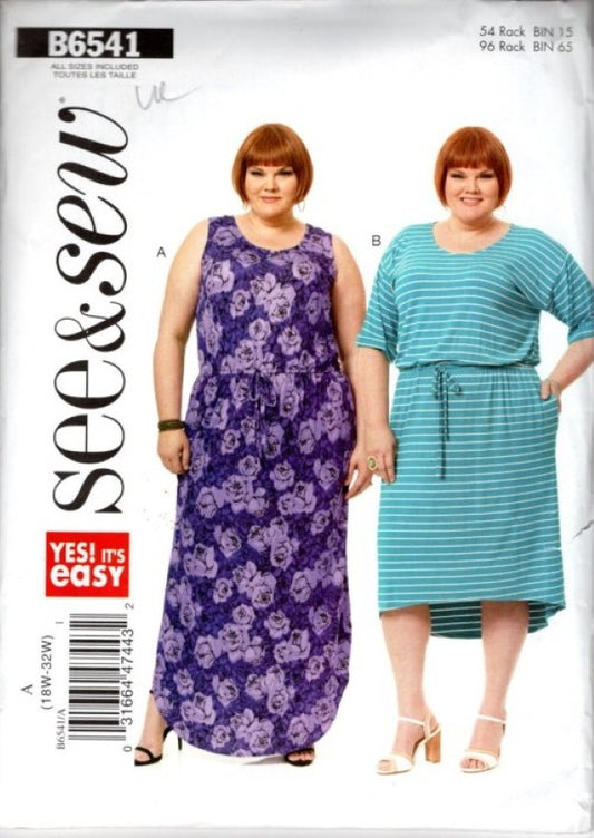Butterick 6541 Retro 2018 Sewing Pattern See & Sew Yes It's Easy Full Figure Dress, Drawstring Waist, Pullover, 2 Styles Size 18W-32W