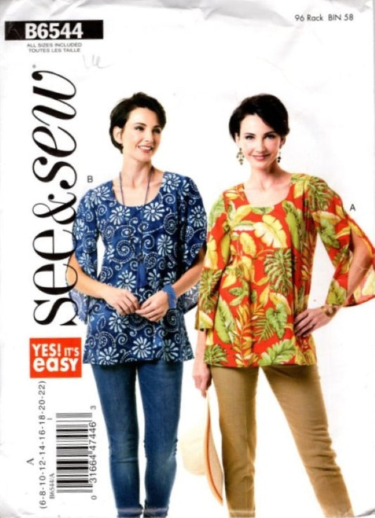 Butterick 6544 Retro 2018 Sewing Pattern See & Sew Yes It's Easy Blouse Set, Hippie Boho Slit Sleeves, 2 Styles Size 6-22