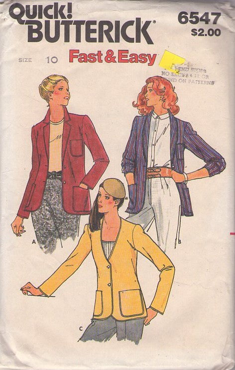 Butterick 6547 Vintage 80's Sewing Pattern Fast & Easy Jacket Set, Shawl or Notched or NO Collar Blazer Size 10