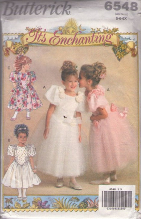 Butterick 6548 Vintage 90's Sewing Pattern Girls' Dress Set, It's Enchanting, Full Double Layer, Tulle Ballerina Puff Sleeve, Basque Waist Flower Girl Dress, Party or Pageant Gown 3 Styles Size 5-6X