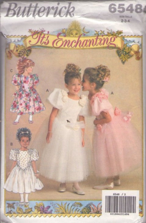 Butterick 6548 Vintage 90's Sewing Pattern Girls' Dress Set, It's Enchanting, Full Double Layer, Tulle Ballerina Puff Sleeve, Basque Waist Flower Girl Dress, Party or Pageant Gown 3 Styles Size 2-4