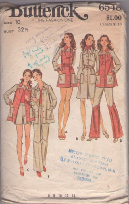 Butterick 6548 Vintage 70's Sewing Pattern GROOVY 2 Tone Pants, Smock Top Blouse, Front Buttoned Dress, Shorts Size 10