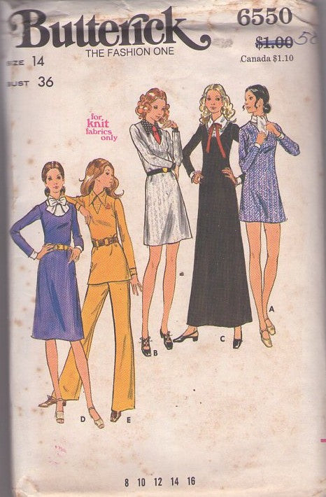Butterick 6550 Vintage 70's Sewing Pattern Mod Knit Separates, U or V Neck Mini Dress, Secretary Dress, Maxi Gown, Pants, Tie & Dickey Size 14