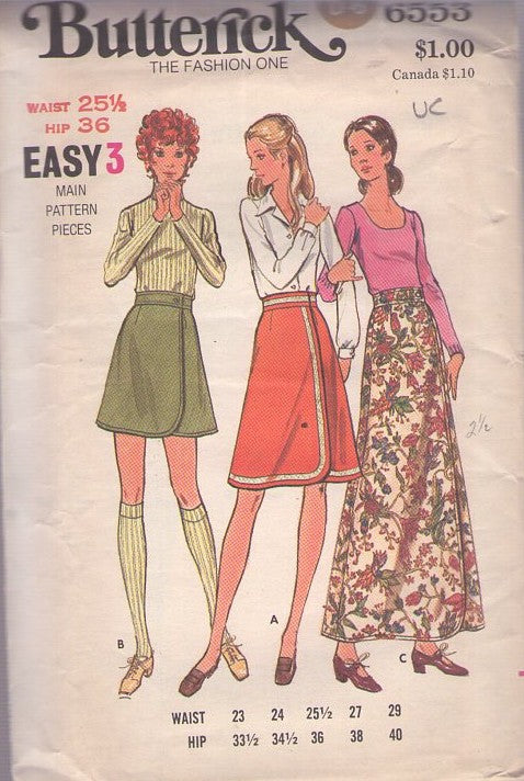 Butterick 6553 Vintage 70's Sewing Pattern Retro Skirts, Band Trim Wrap Around Mod Mini Skirt, Secretary or Maxi Boho Lengths, Waist 25.5 Size M