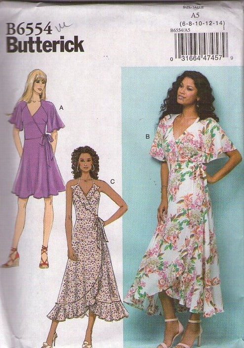 Butterick 6554  Retro 2018 Sewing Pattern Wrap Around Dress, Easy Summer, Disco, Garden Party, 3 Styles Size 6-14