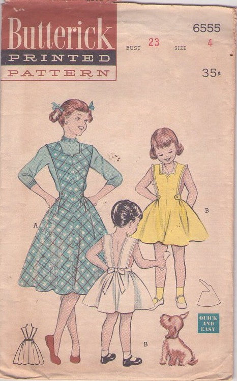 Butterick 6555 Vintage 50's Sewing Pattern Girls' Dress Set, Rockabilly Bare Back, Wide Strap, Flared Skirt Summer Sun Dress, Sundress Size 4