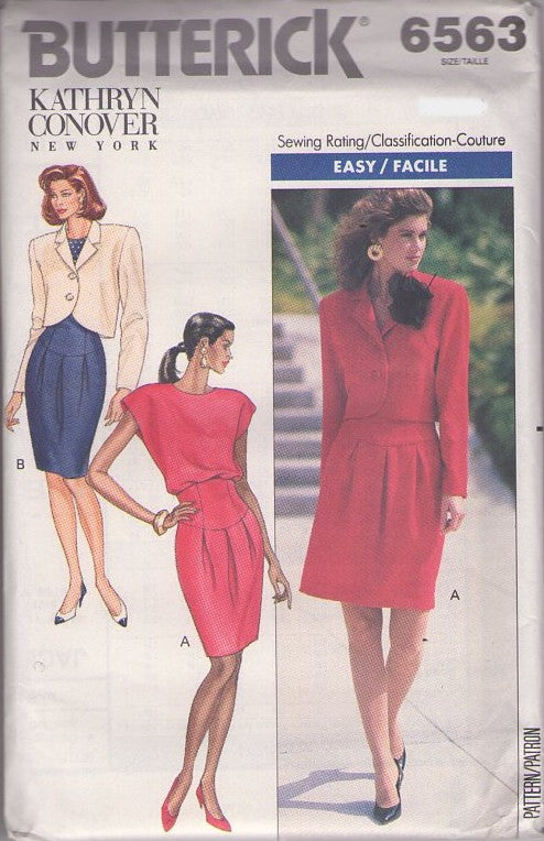 Butterick 6563 Vintage 80's Sewing Pattern Suit Set, Designer Kathryn Conover NY Cinched Midriff Pleated Suit Skirt, Cap Sleeve Blouse, Jacket Size 6-10