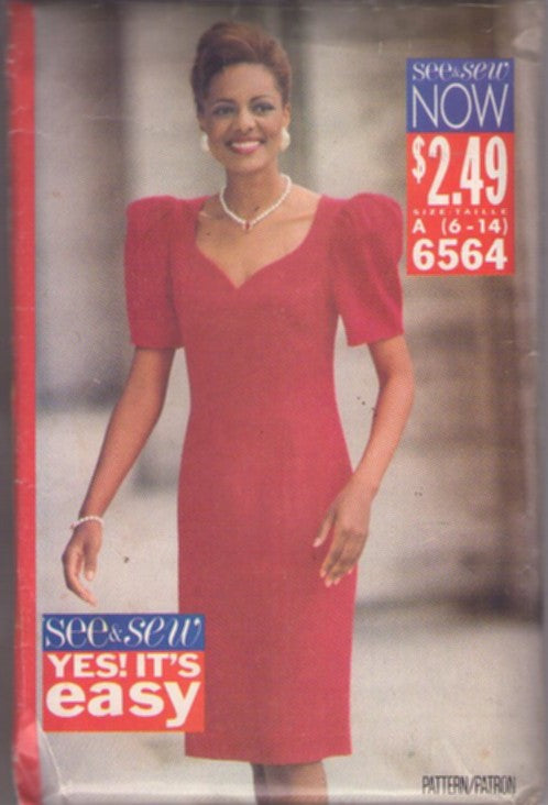 Butterick 6564 Vintage 90's Sewing Pattern Party Dress, Vanna White Look Full Figure See & Sew Now Sweetheart Neckline Puff Short Sleeve Lined Straight Party Dress Size 6-14