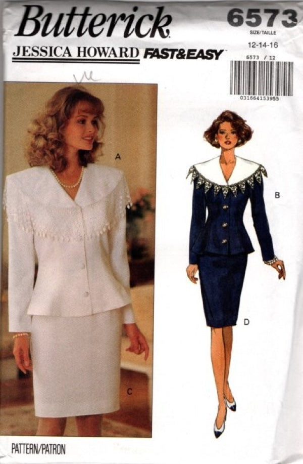 Butterick 6573 Vintage 90's Sewing Pattern Fast & Easy Power Suit, Jessica Howard Designs, Jacket Top with Lace Trim and Sheath Skirt Size 12-16
