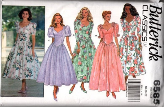 Butterick 6585 Vintage 90's Sewing Pattern Tea Dress Set, Formal Cottagecore, Laura Ashley Style, Prom Gown, Garden Party Dress 5 Styles Size 18-22