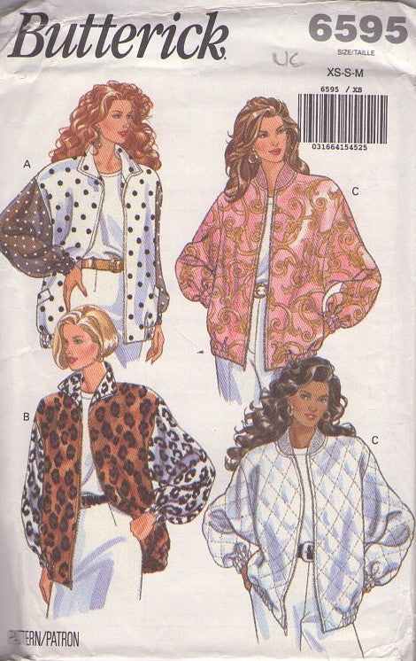 Butterick 6595 Vintage 90's Sewing Pattern New Wave Jackets, Oversized Baggy Loose Zipper Front Jacket, Coat 4 Styles Size XS-M