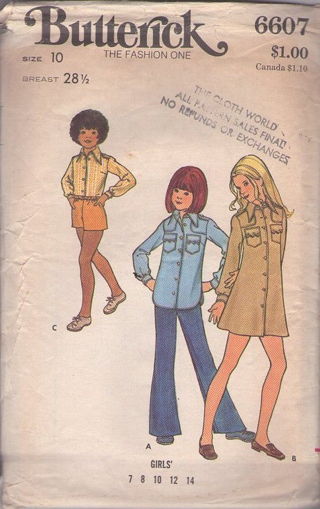 Butterick 6607 Vintage 70's Sewing Pattern Girls' Separates, Brady Bunch, Shirttail Hem Shirt Jacket Blouse, Front Buttoned Dress, Pull On Shorts & Flared Bell Bottom Pants Size 10