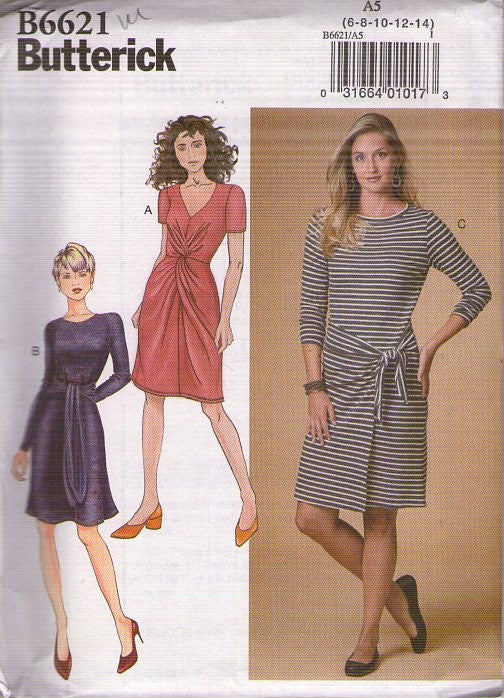 Butterick 6621 Retro 2018 Sewing Pattern Knit Dress Set, Ruched, Faux Wrap Details, 3 Styles Size 6-14