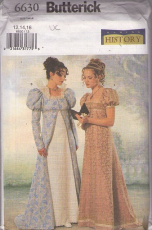 Butterick 6630 Retro 2001 Sewing Pattern Historical Dress & Coat, Regency Napoleonic Empire Waist Square Neck Evening Gown Dress, Leg O Mutton Sleeve Coat Size 12-16