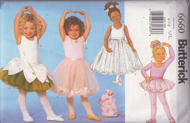 Butterick 6660 Retro 2000 Sewing Pattern Girls' Ballet Set, Sugar Plum Fairy, Recital Ballerina Leotard, Fluffy Tutu Skirt, Petals & Tulle, Ponytail Holder & Class Bag Size 6-8