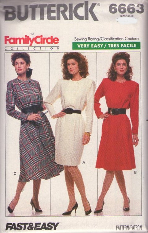 Butterick 6663 Vintage 80's Sewing Pattern Secretary Dresses, Family Circle Collection, Very Easy, Career Wrap Front Dress, 3 Styles Size 6-10