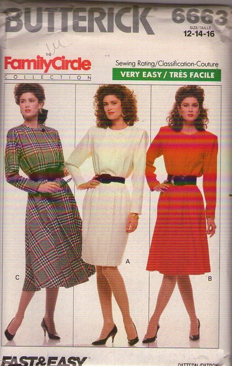 Butterick 6663 Vintage 80's Sewing Pattern Career Dress, Family Circle Collection, Asymmetric Button Bodice, Blouson Sheath or Flared Dress Set, Flange Trim Size 12-16