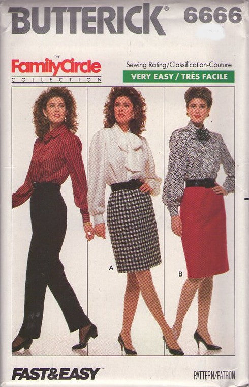 Butterick 6666 Vintage 80's Sewing Pattern Career Skirts, Family Circle Collection, Very Easy Secretary Skirt, Slimming Pants Size 6-10